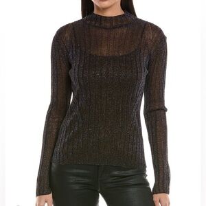 AllSaints Patrice Top Size Small Fitted Sheer Mock Neck Metallic Blue Ribbed